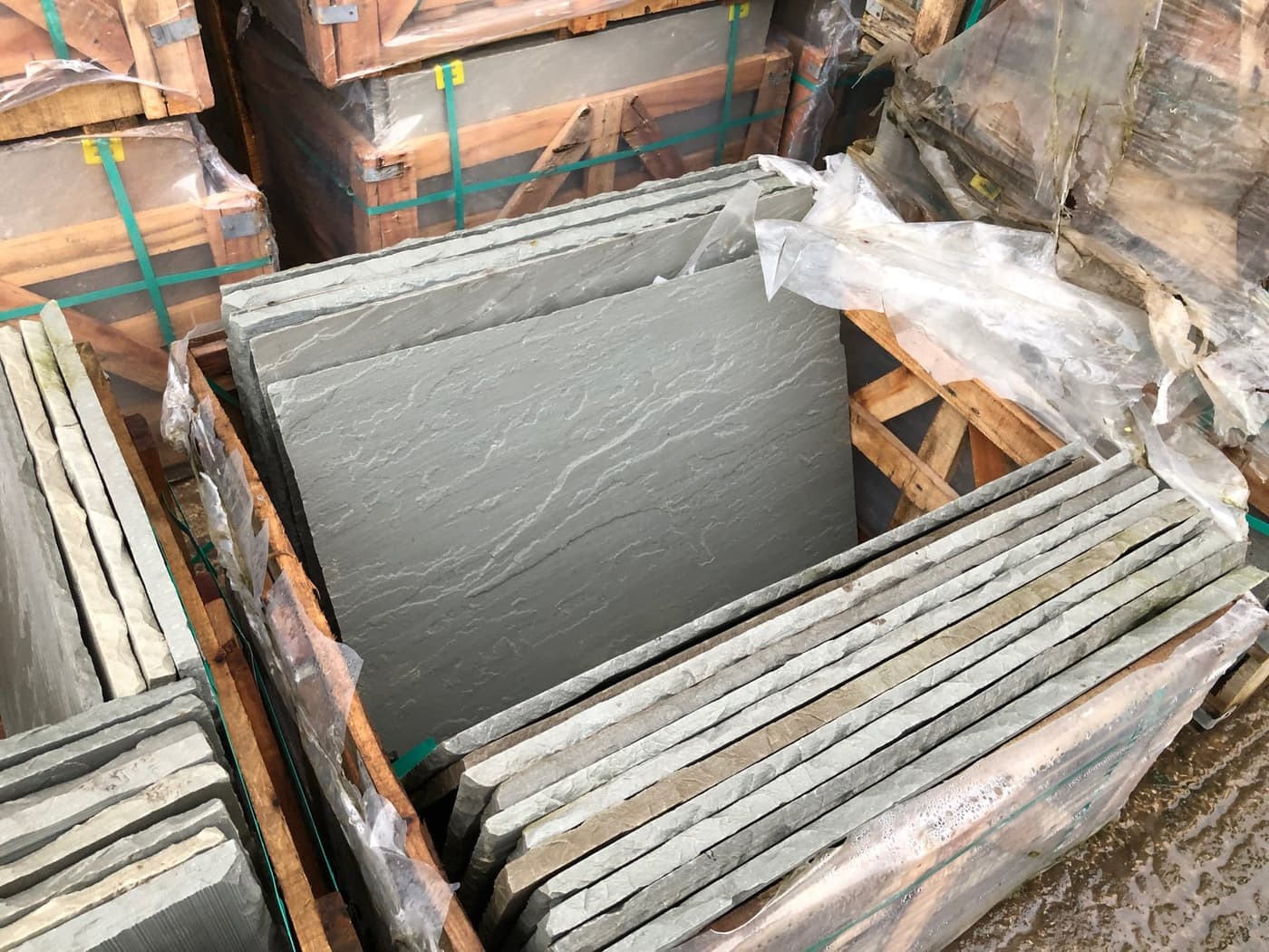 Sandstone paving slabs selected from a stone supplier's yard for the Grappenhall project